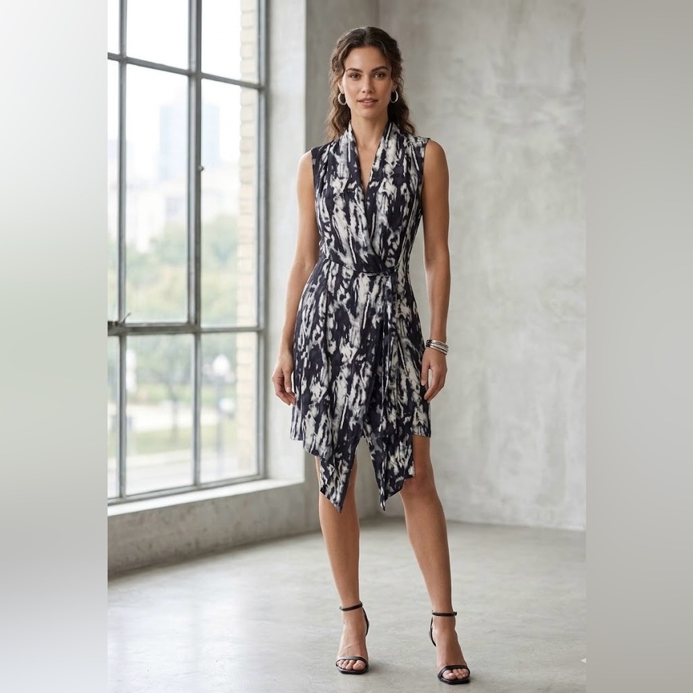 100% Silk Black & White Abstract Print Sleeveless Draped Dress-Size L - Picture 3 of 7